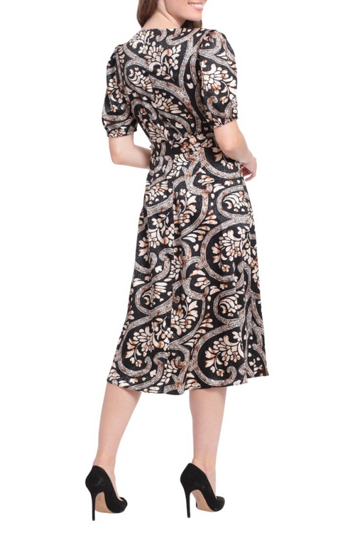 London Times T6371M Black Tan Print Puff Sleeve A-Line Midi Dress