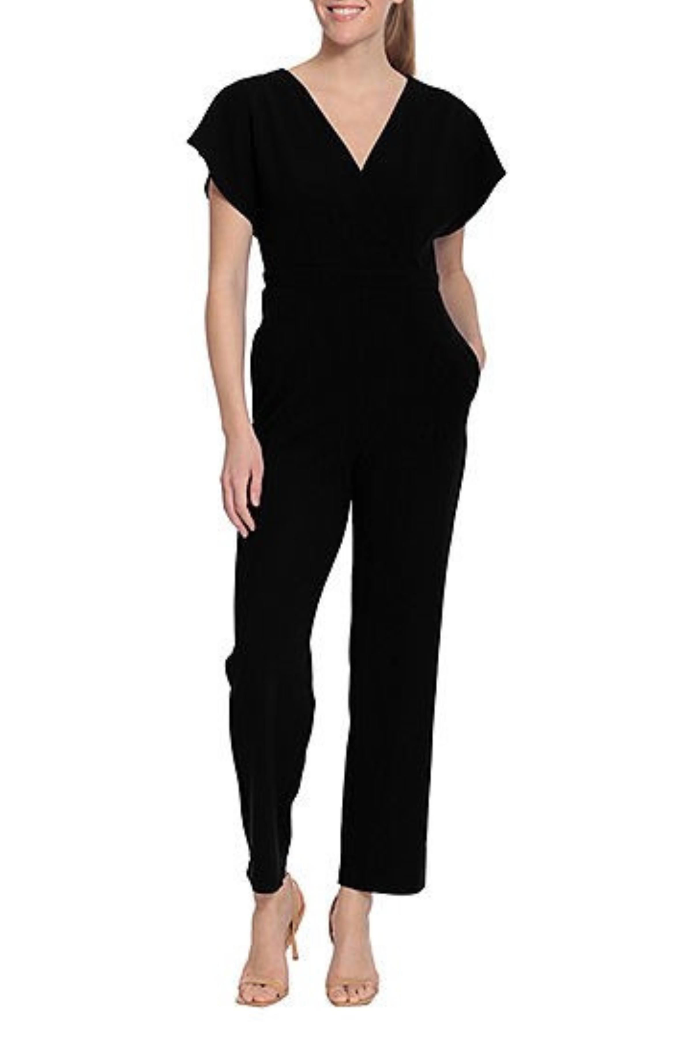 London Times T6393M Black Dolman Cap Sleeve Jumpsuit with V-Neck, Scuba Crepe, Side Pockets