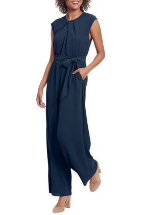London Times T6409M Peacoat Navy Peep Hole Wide Leg Jumpsuit with Bubble Crepe, Side Pockets