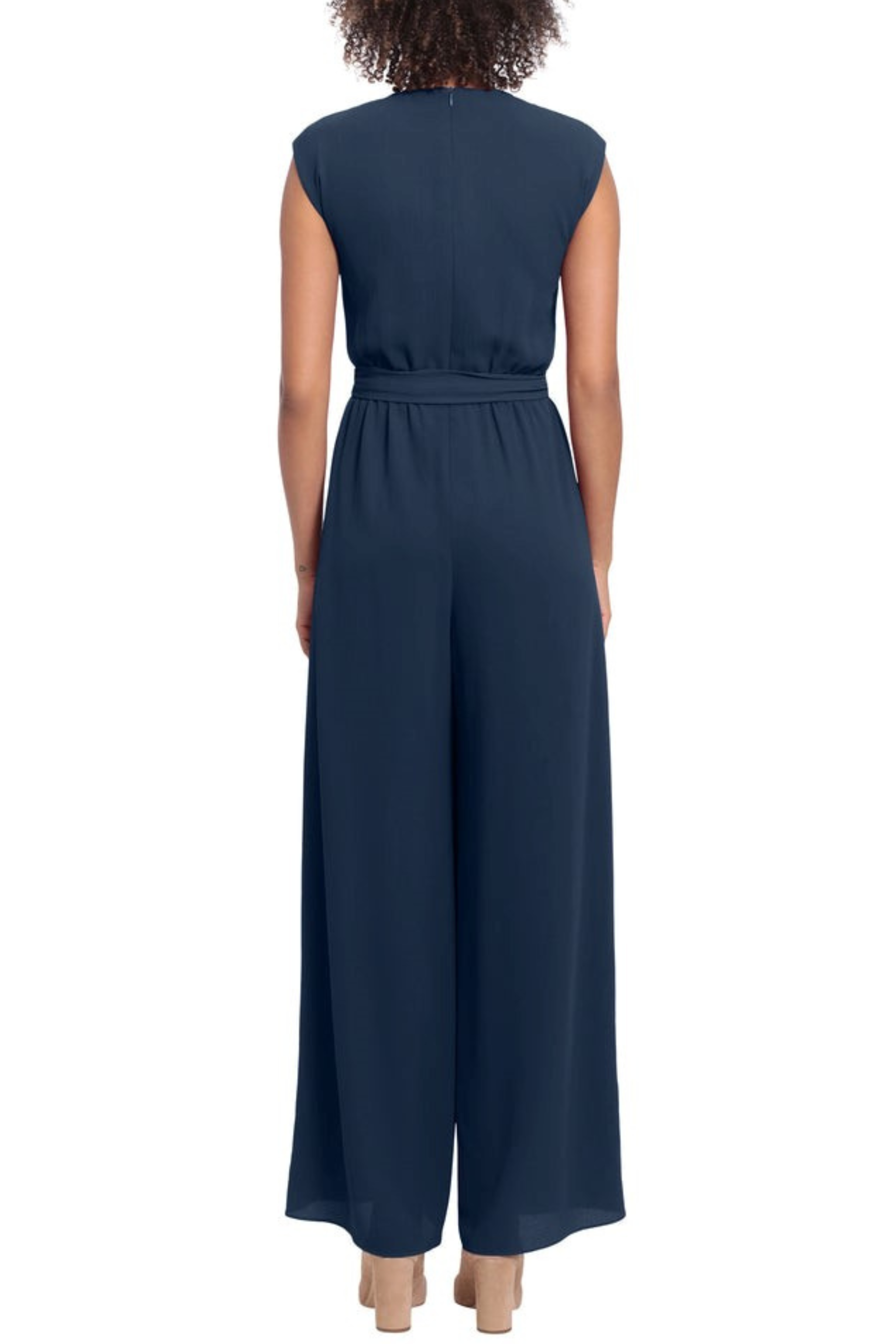 London Times T6409M Peacoat Navy Peep Hole Wide Leg Jumpsuit with Bubble Crepe, Side Pockets