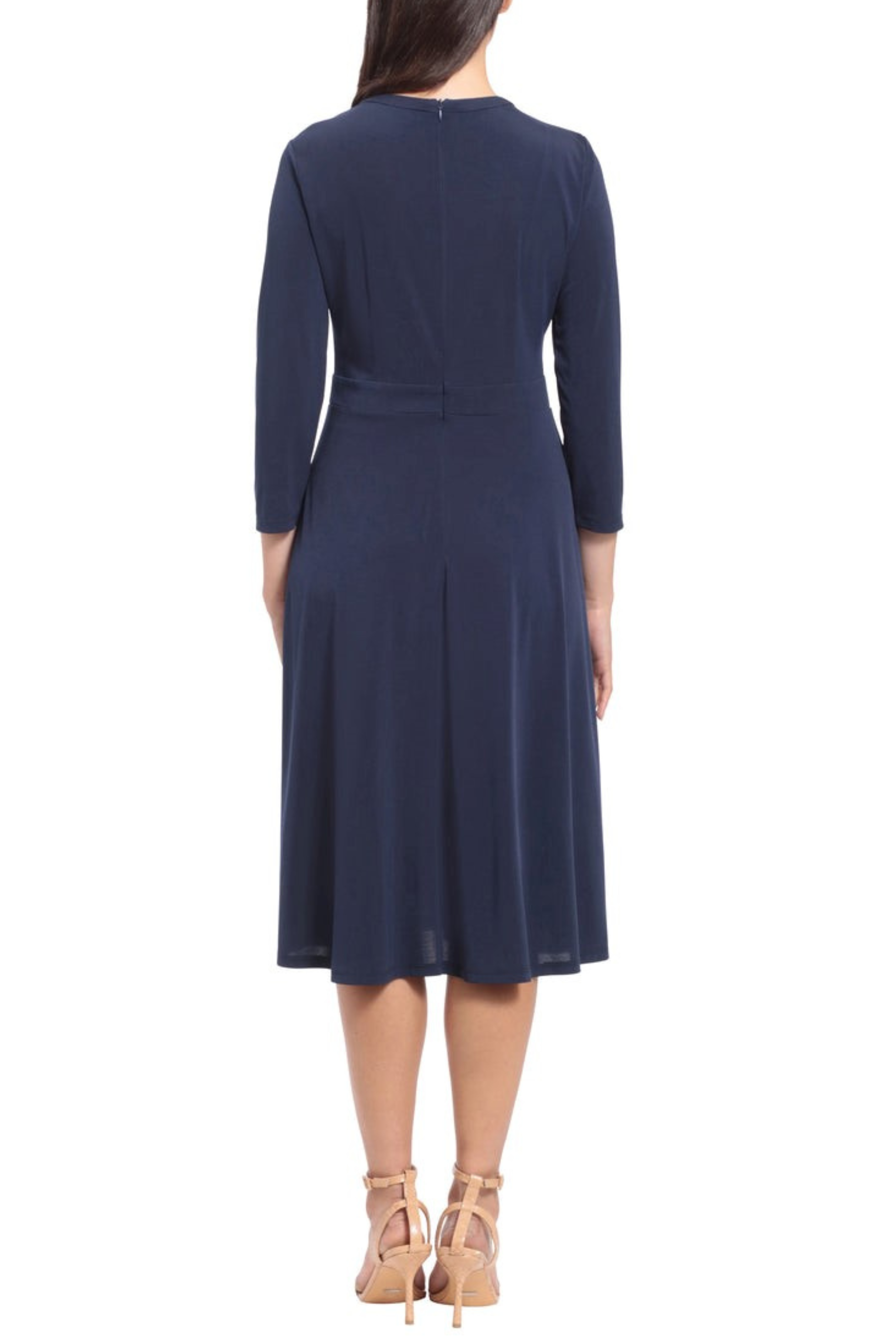 London Times T6474M Peacoat Navy Peep Hole 3/4 Sleeve A-Line Midi Dress with Jersey