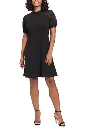 London Times T6475M Black Mock Neck Short Sleeve A-Line Dress with Jewel Neck, Scuba Crepe