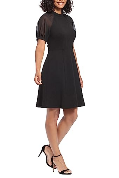 London Times T6475M Black Mock Neck Short Sleeve A-Line Dress with Jewel Neck, Scuba Crepe