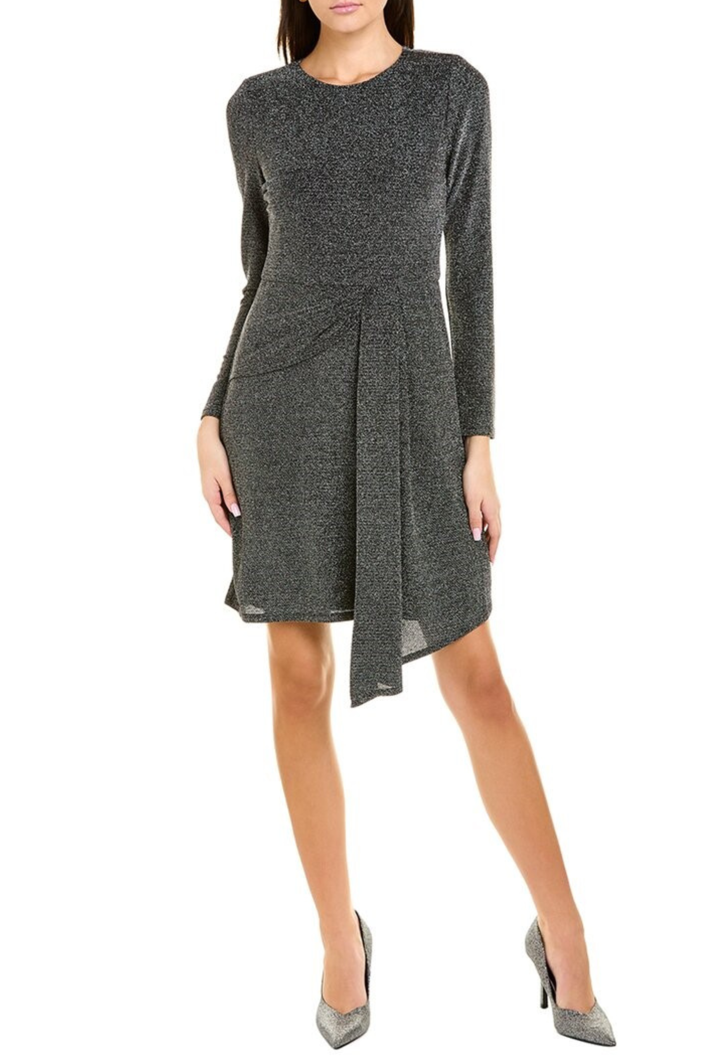 London Times T6499M Black Silver Shimmer Long Sleeve Drape Skirt Cocktail Dress with Shimmer Jersey, Shimmer Finish