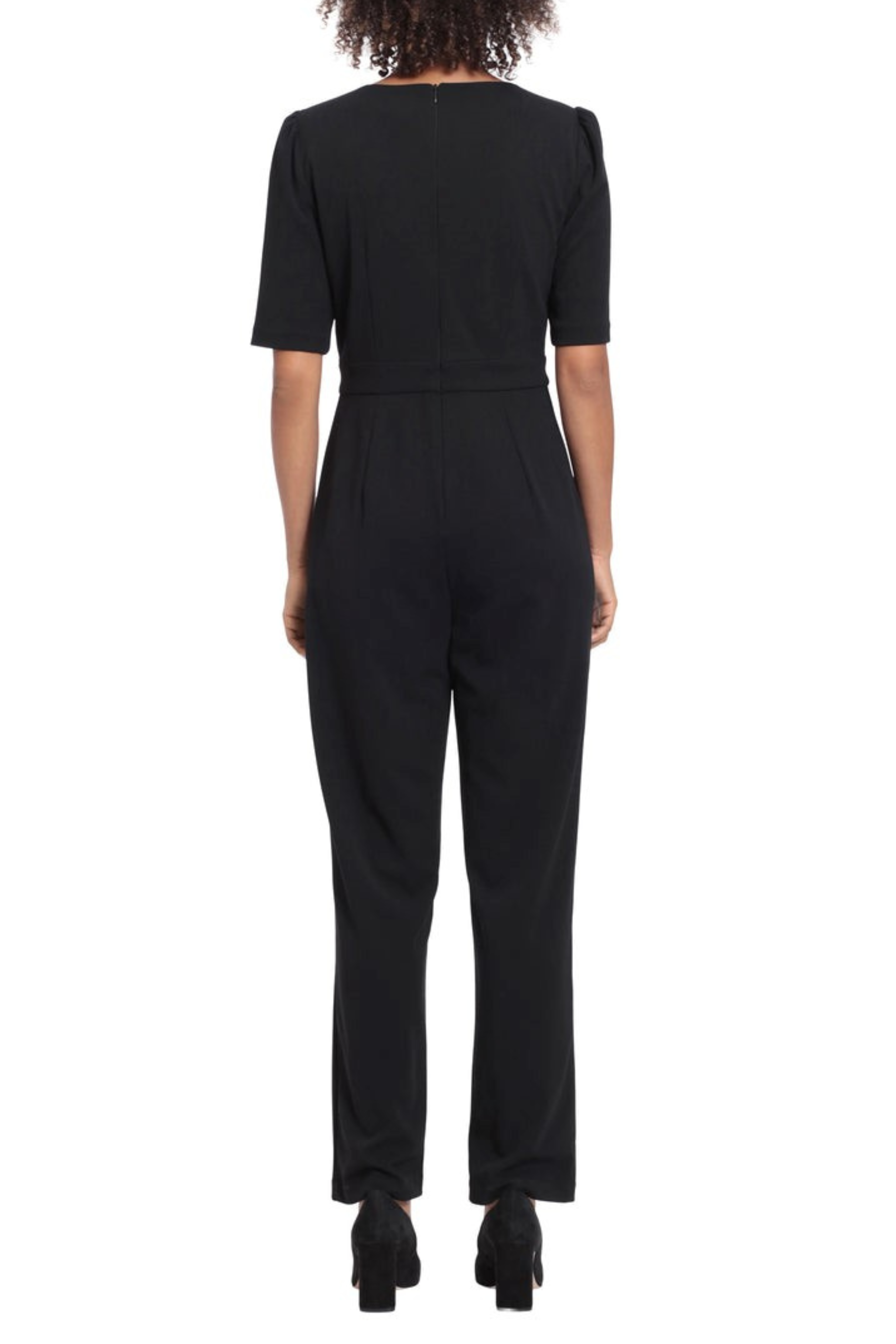 London Times T6545M Black Peep Hold Short Sleeve Jumpsuit with Side Pockets