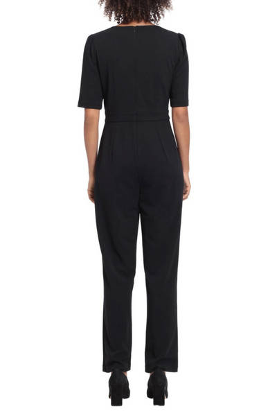 London Times T6545M Black Peep Hold Short Sleeve Jumpsuit with Side Pockets