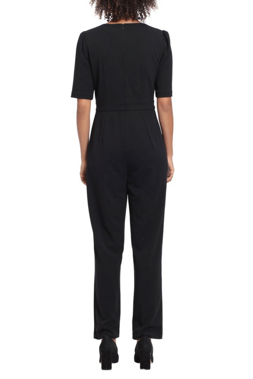 London Times T6545M Black Peep Hold Short Sleeve Jumpsuit with Side Pockets