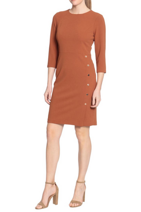 London Times T6569M Cedar 3/4 Sleeve Button Detail Short Sheath Dress