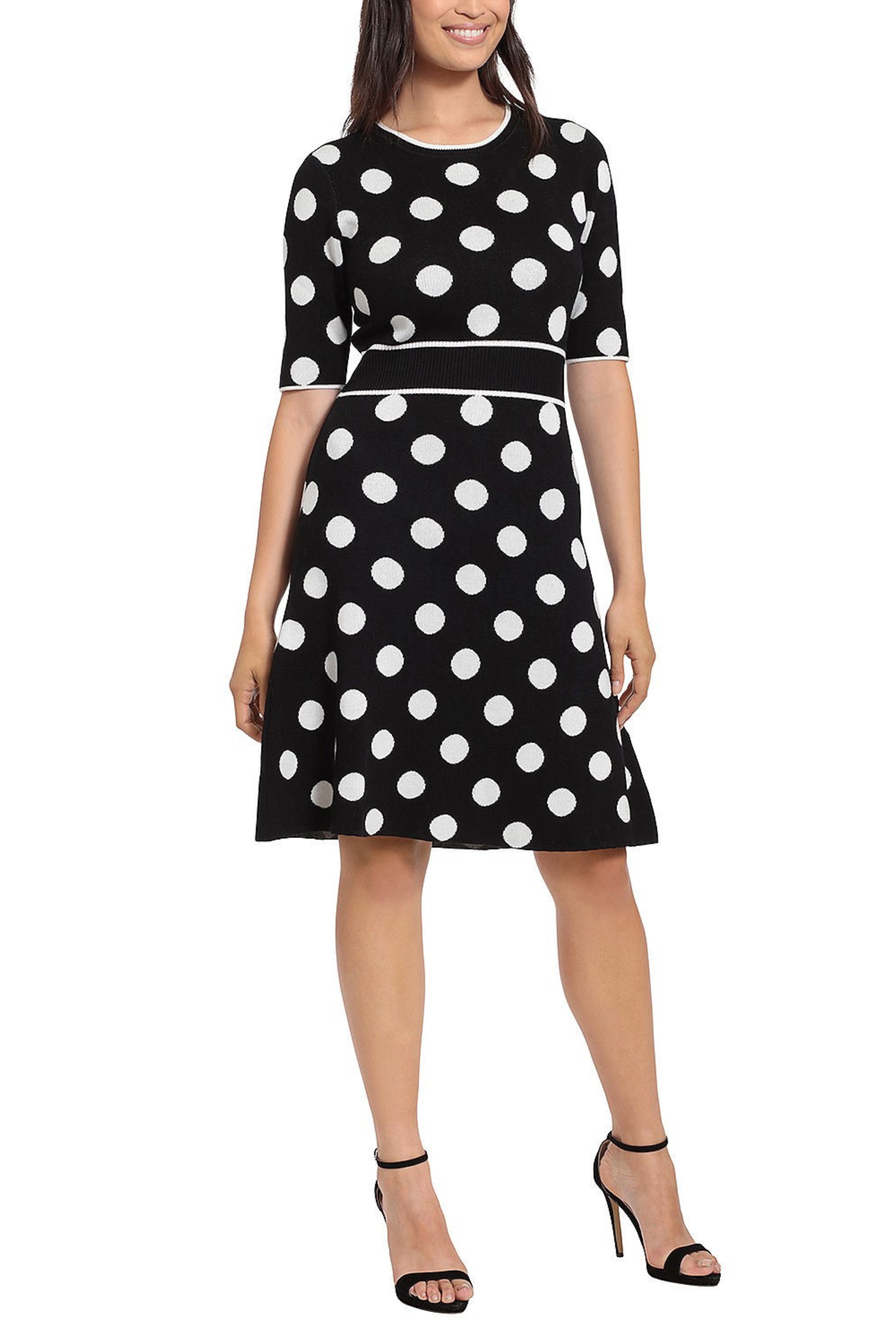 London Times T6598M Black Ivory Polka Dot Print A-Line Knit Sweater Dress