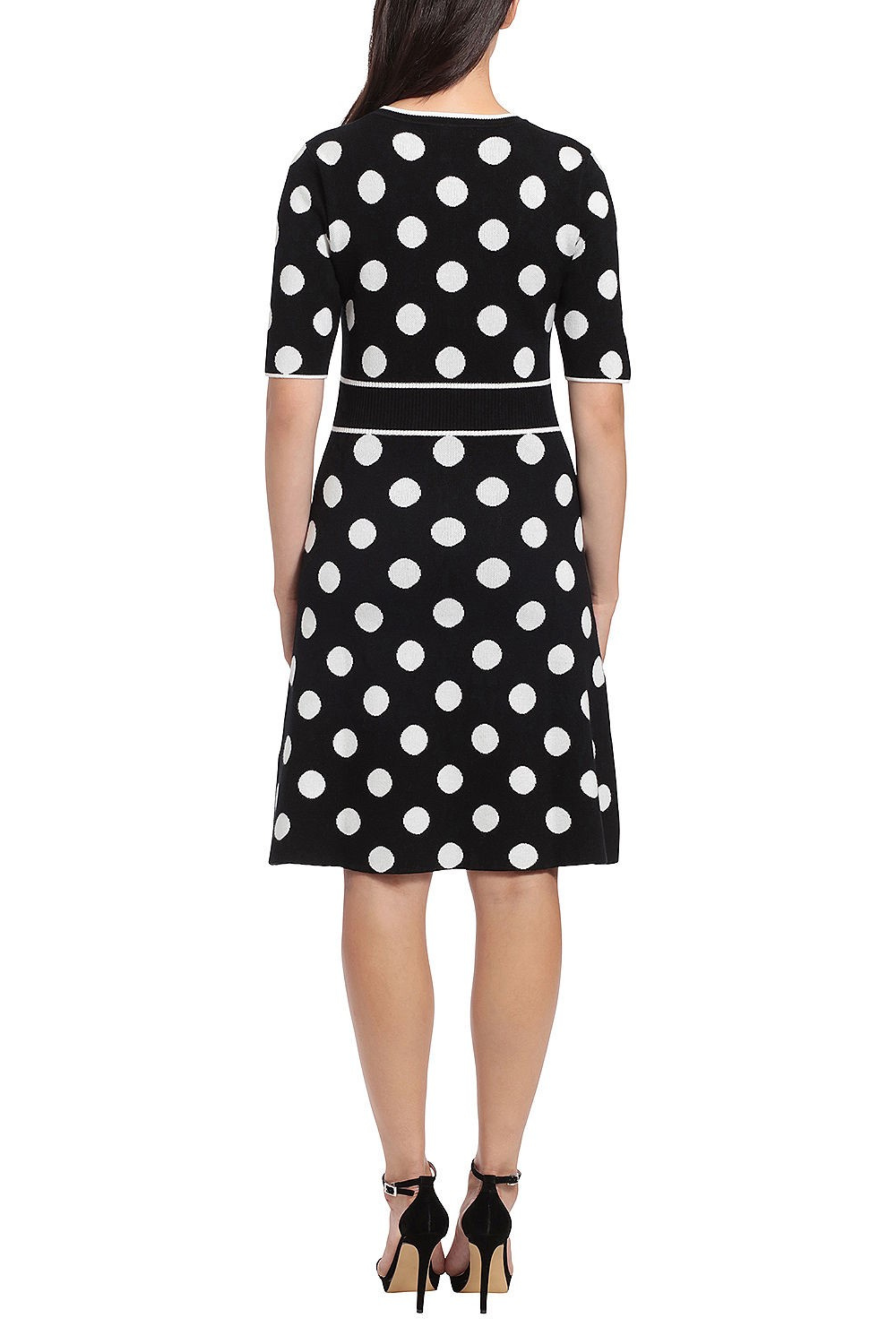 London Times T6598M Black Ivory Polka Dot Print A-Line Knit Sweater Dress