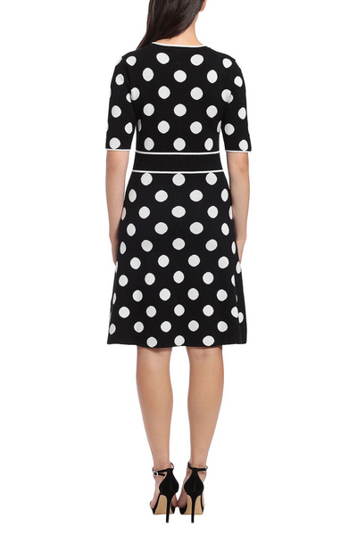 London Times T6598M Black Ivory Polka Dot Print A-Line Knit Sweater Dress