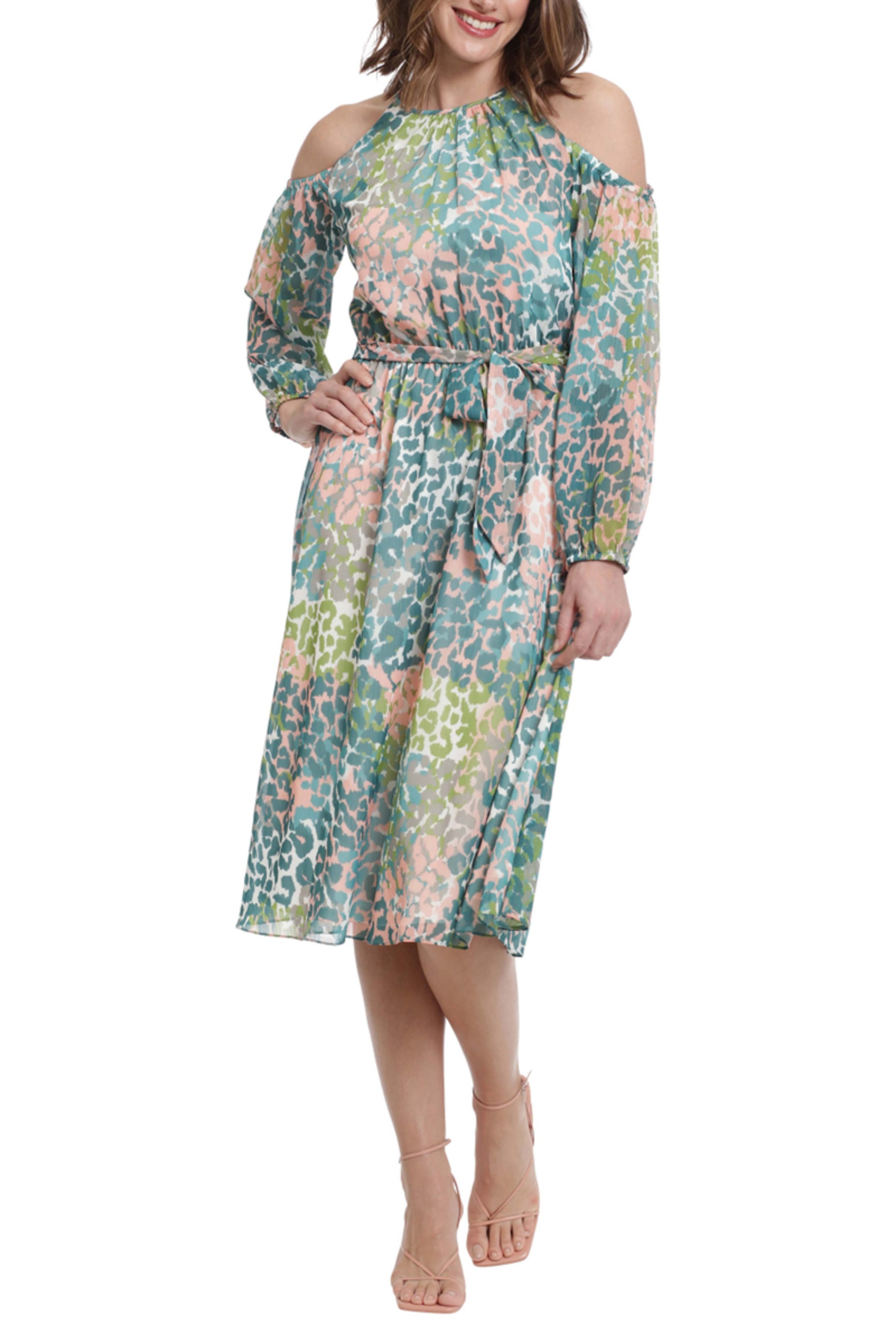 London Times Halter Blouson Cold Shoulder Dress PINK TEAL / S