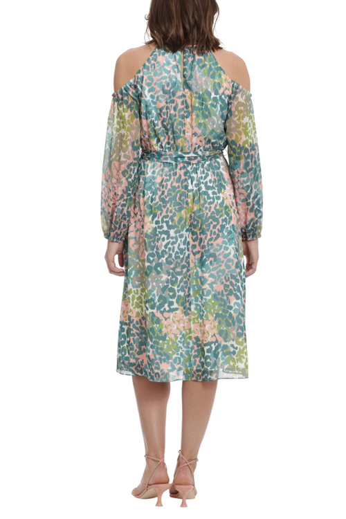 London Times T6802M Pink Teal Halter Blouson Cold Shoulder Halter Neck A-Line Chiffon Dress with Keyhole Detail and Tie Sash Belt