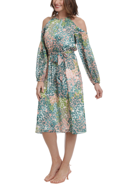 London Times T6802M Pink Teal Halter Blouson Cold Shoulder Halter Neck A-Line Chiffon Dress with Keyhole Detail and Tie Sash Belt