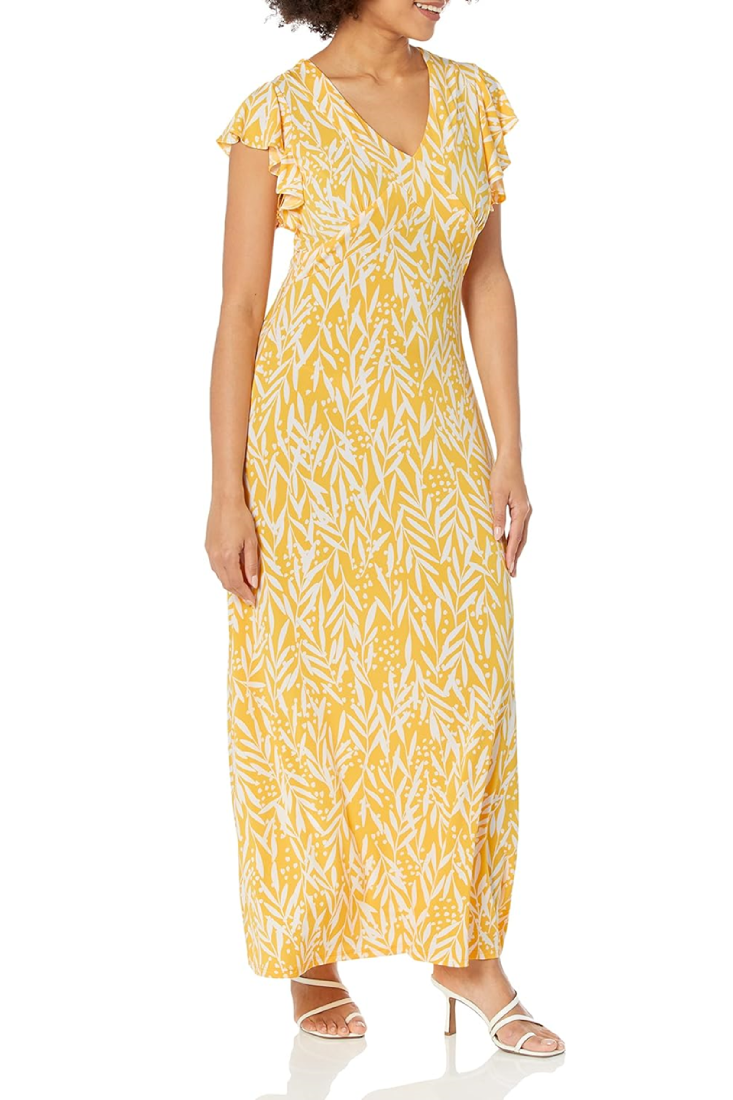 London Times T6813M Yellow White Floral Flutter Sleeve Maxi Dress with V-Neck, Jersey, A-Line