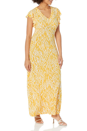 London Times T6813M Yellow White Floral Flutter Sleeve Maxi Dress with V-Neck, Jersey, A-Line