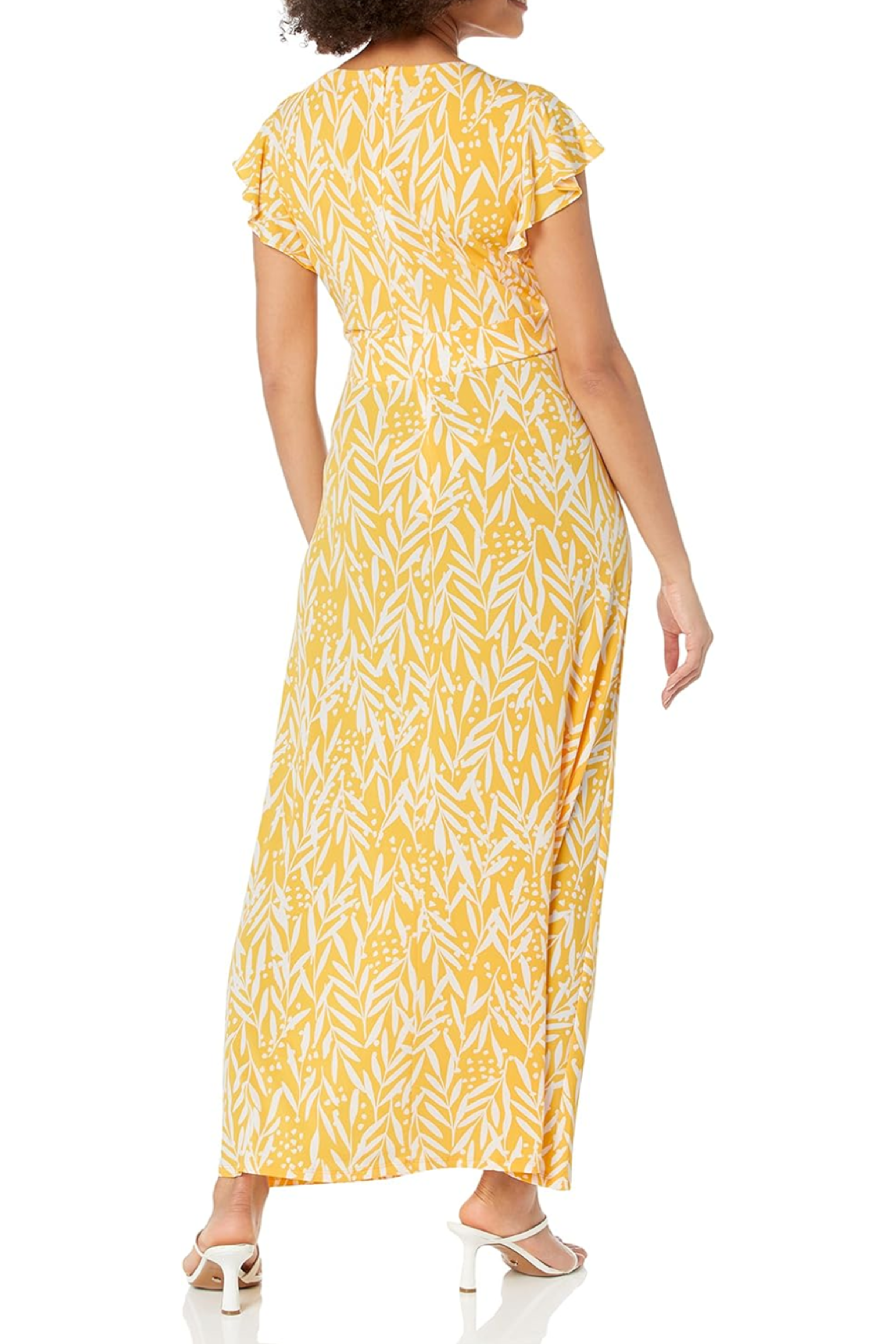 London Times T6813M Yellow White Floral Flutter Sleeve Maxi Dress with V-Neck, Jersey, A-Line