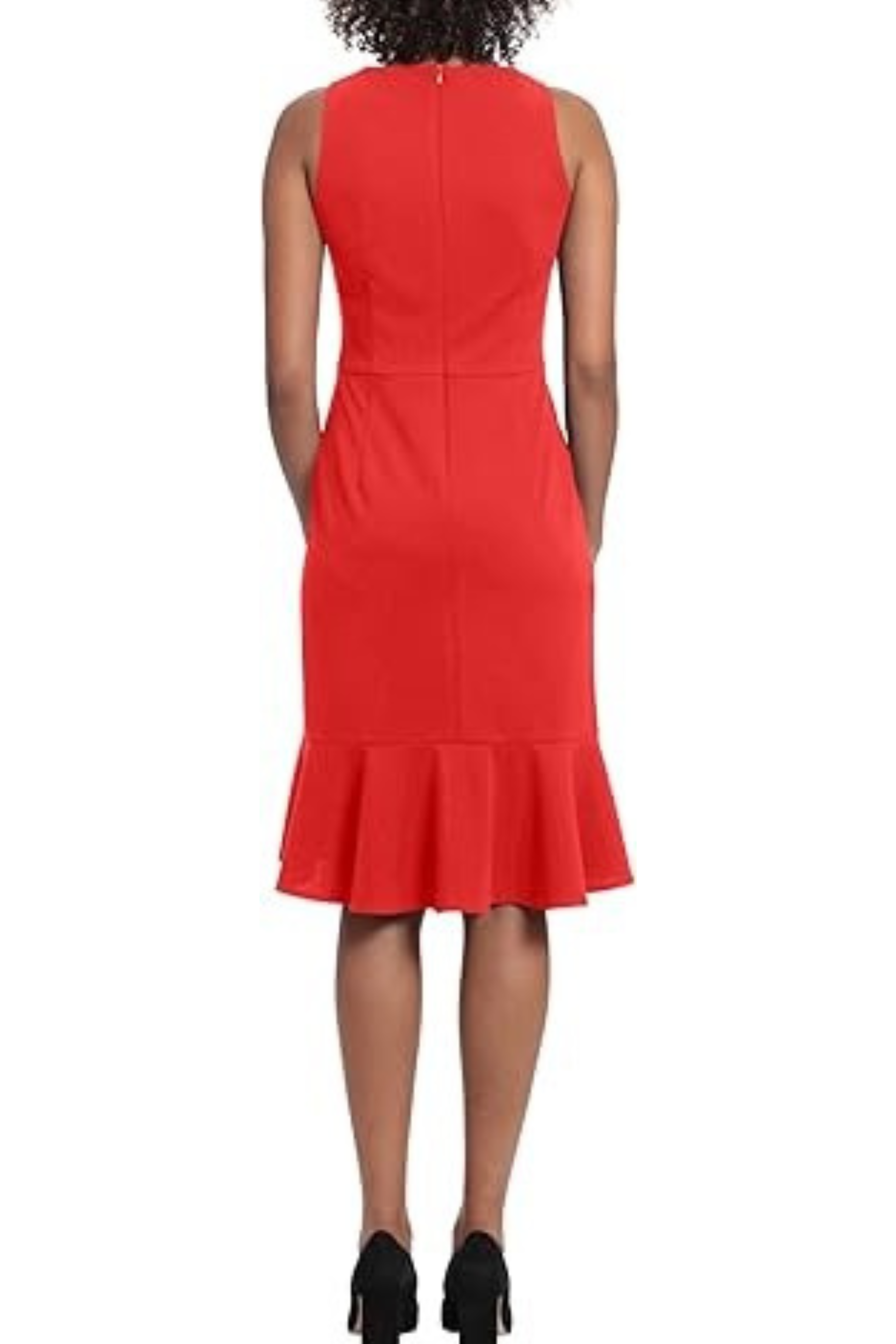 London Times T6843M Red Sleeveless Flounce Skirt Sheath Dress with  Crew Neck, Scuba Crepe