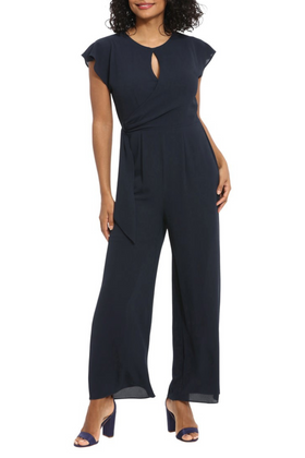 London Times T6982M Navy Cap Sleeve Keyhole Wide Leg Jumpsuit with Jewel Neck, Bubble Crepe