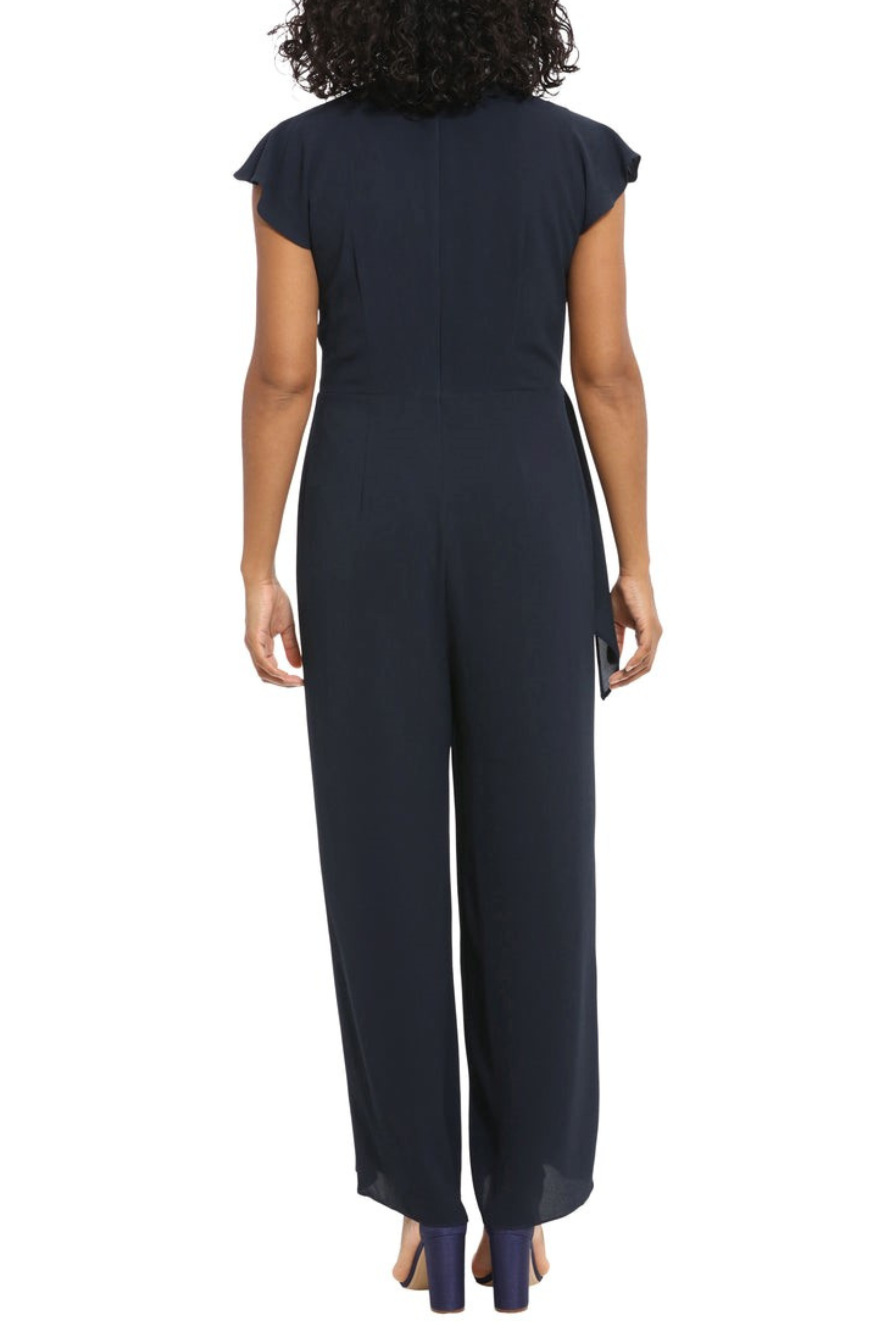 London Times T6982M Navy Cap Sleeve Keyhole Wide Leg Jumpsuit with Jewel Neck, Bubble Crepe