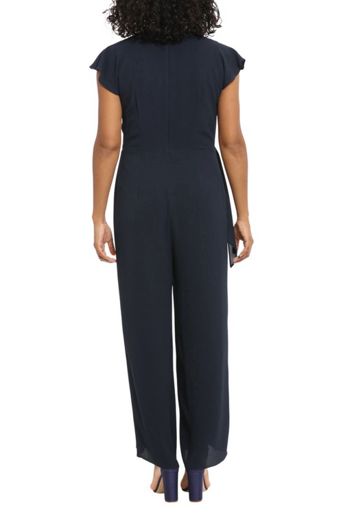 London Times T6982M Navy Cap Sleeve Keyhole Wide Leg Jumpsuit with Jewel Neck, Bubble Crepe