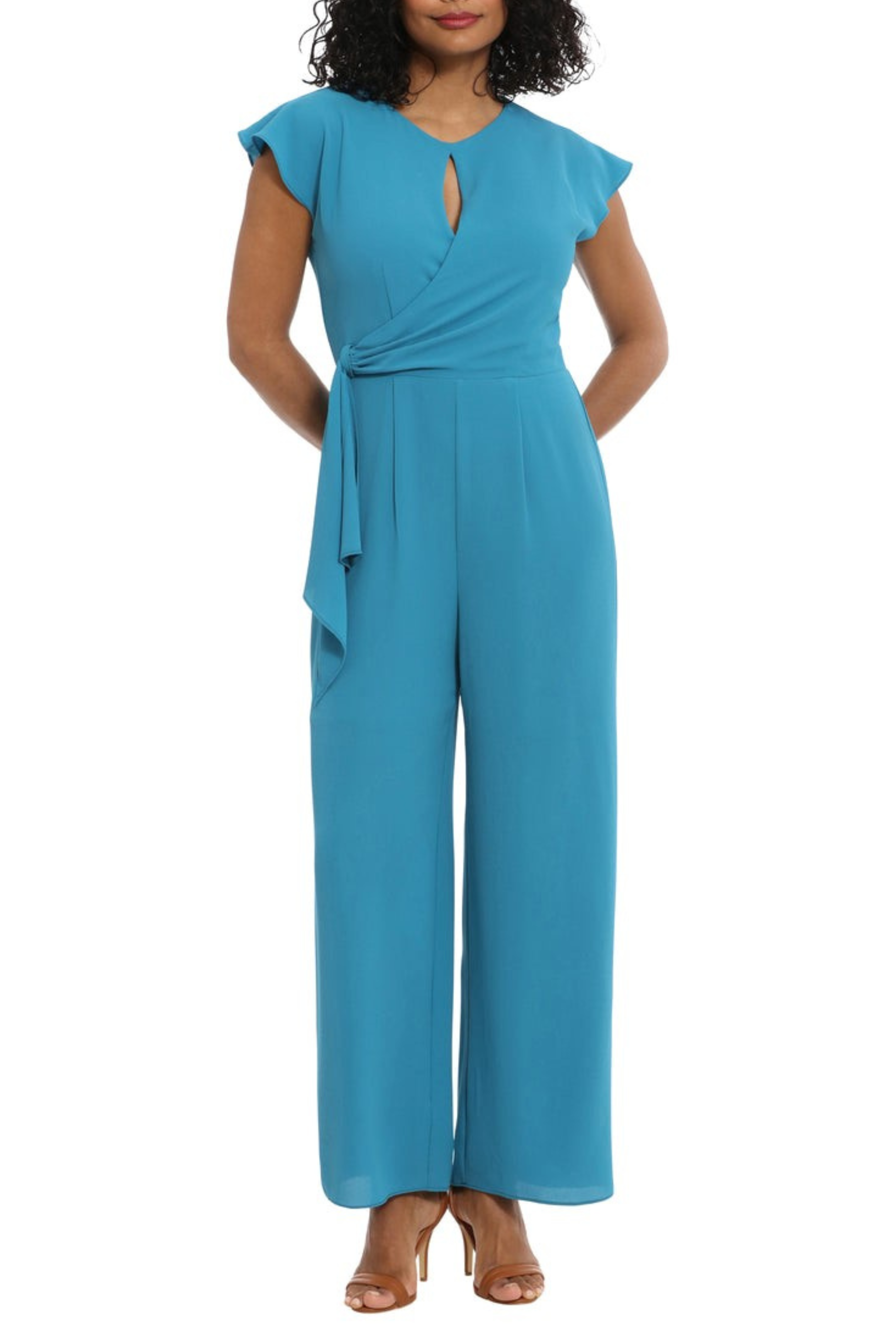 London Times T6982M Teal Cap Sleeve Keyhole Wide Leg Jumpsuit with Jewel Neck, Bubble Crepe