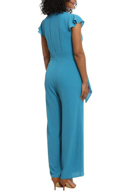 London Times T6982M Teal Cap Sleeve Keyhole Wide Leg Jumpsuit with Jewel Neck, Bubble Crepe