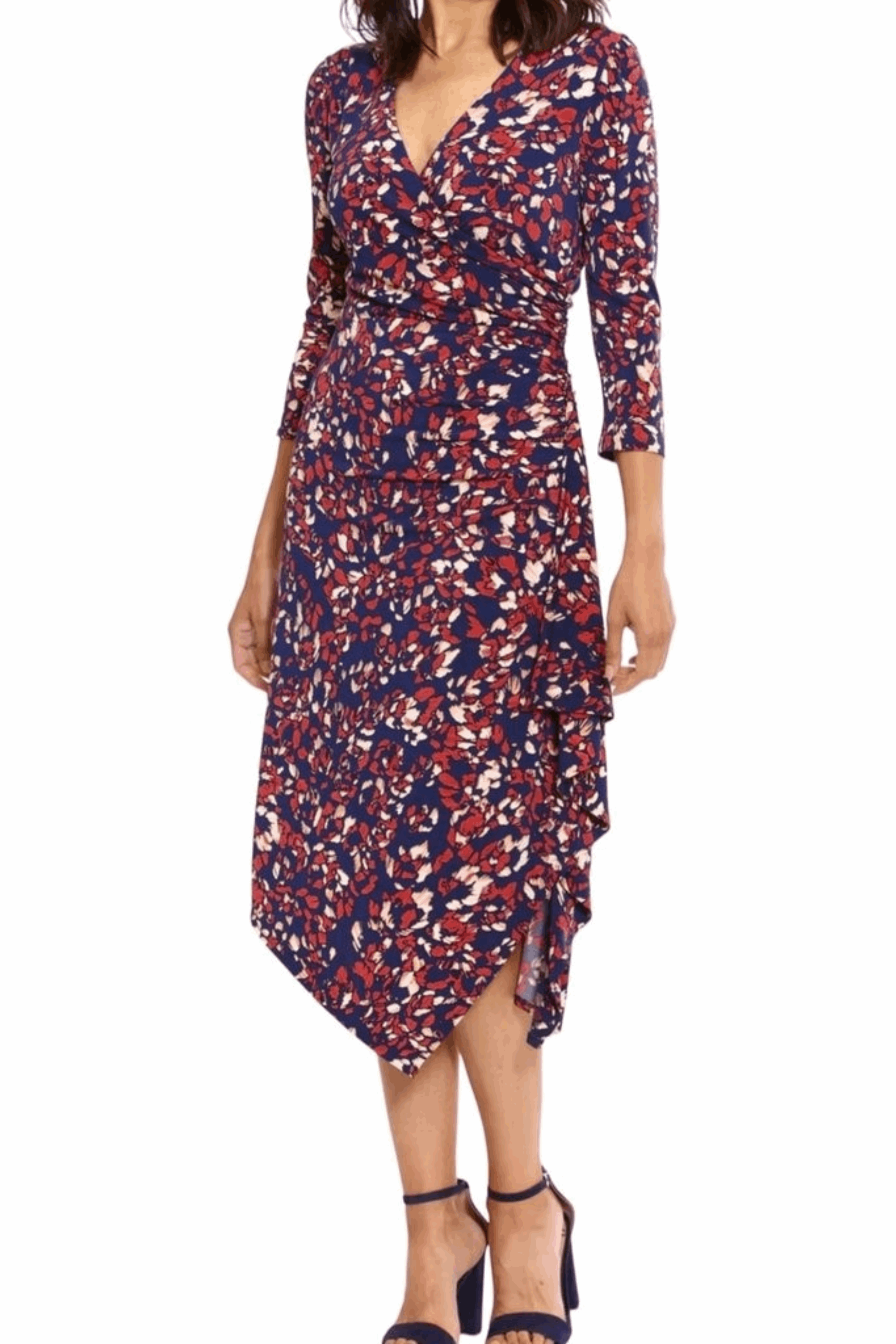 London Times T7011M Navy Rust Printed Ruched Waist Faux Wrap Dress with 3/4 Sleeve, Jersey