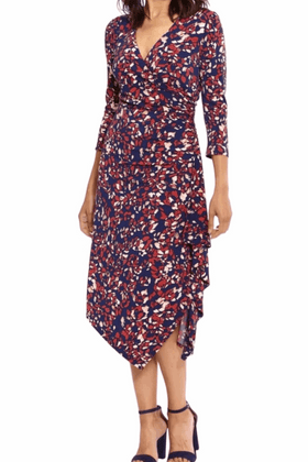London Times T7011M Navy Rust Printed Ruched Waist Faux Wrap Dress with 3/4 Sleeve, Jersey
