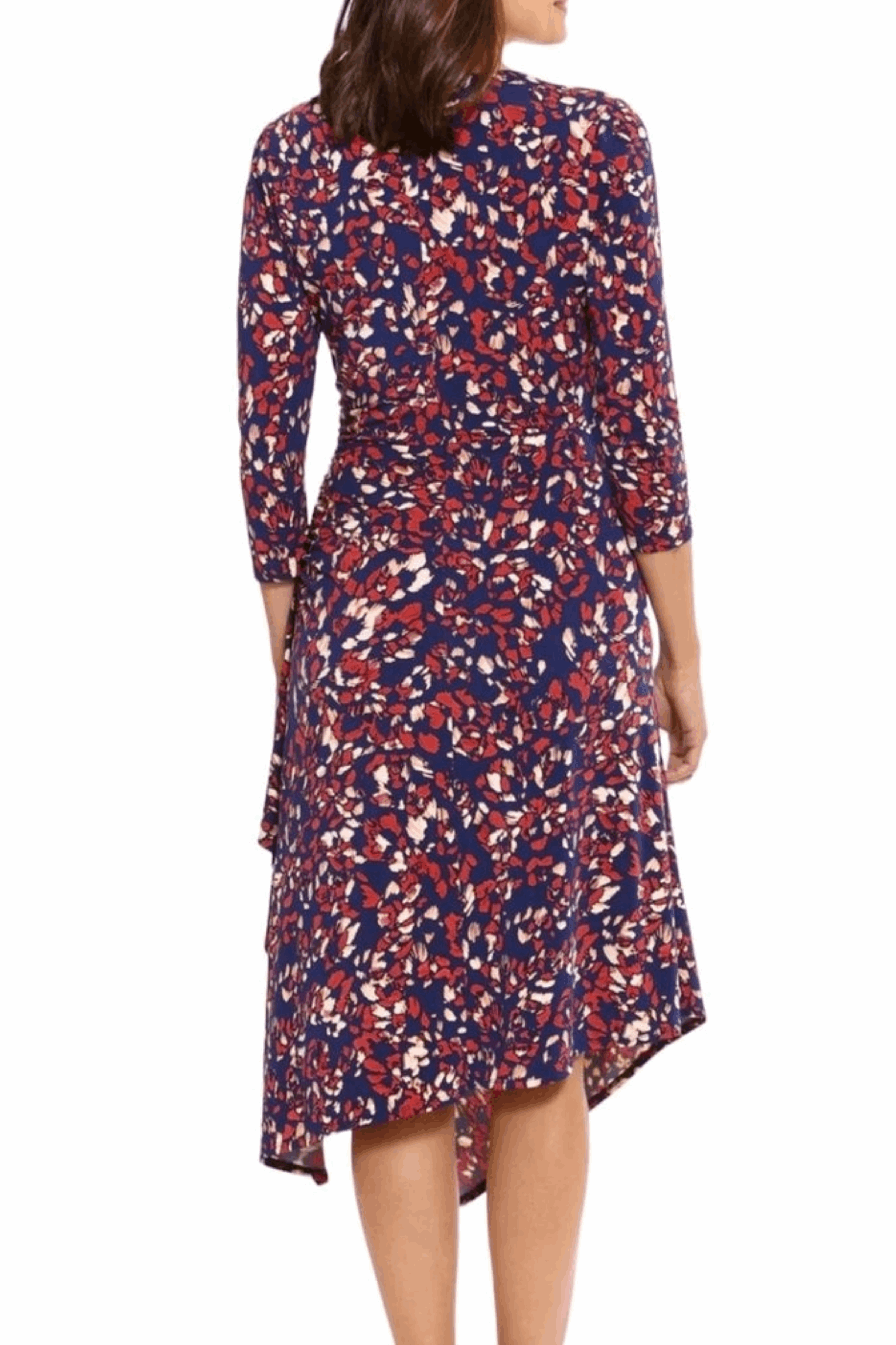 London Times T7011M Navy Rust Printed Ruched Waist Faux Wrap Dress with 3/4 Sleeve, Jersey