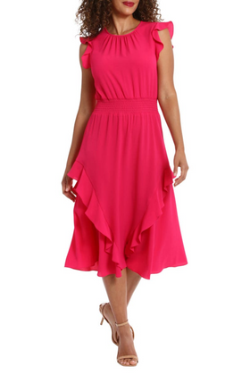 London Times T7032M Pink Flutter Sleeve Smocked Waist Dress with Round Neck, Bubble Crepe, A-Line