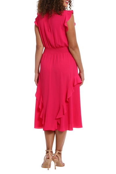 London Times T7032M Pink Flutter Sleeve Smocked Waist Dress with Round Neck, Bubble Crepe, A-Line