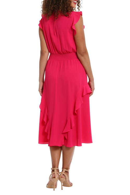 London Times T7032M Pink Flutter Sleeve Smocked Waist Dress with Round Neck, Bubble Crepe, A-Line