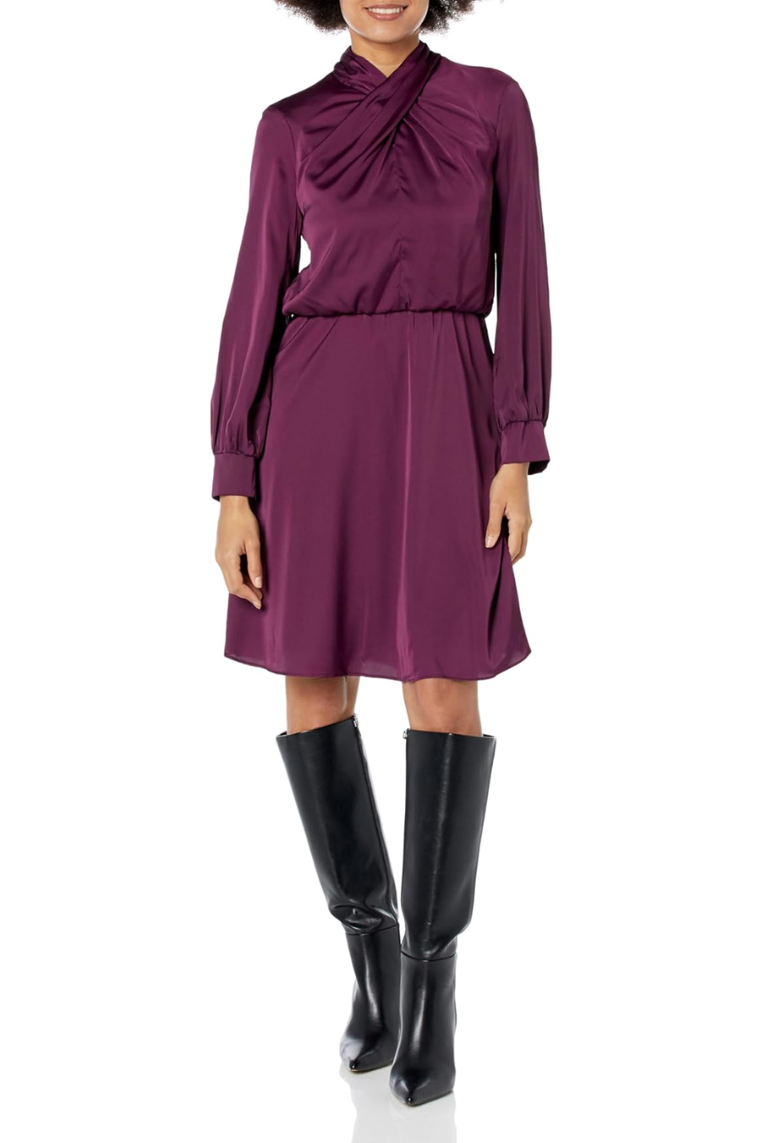London Times T7100M Purple Long Sleeve Crisscross Neck Dress with A-Line, Pleated Detail