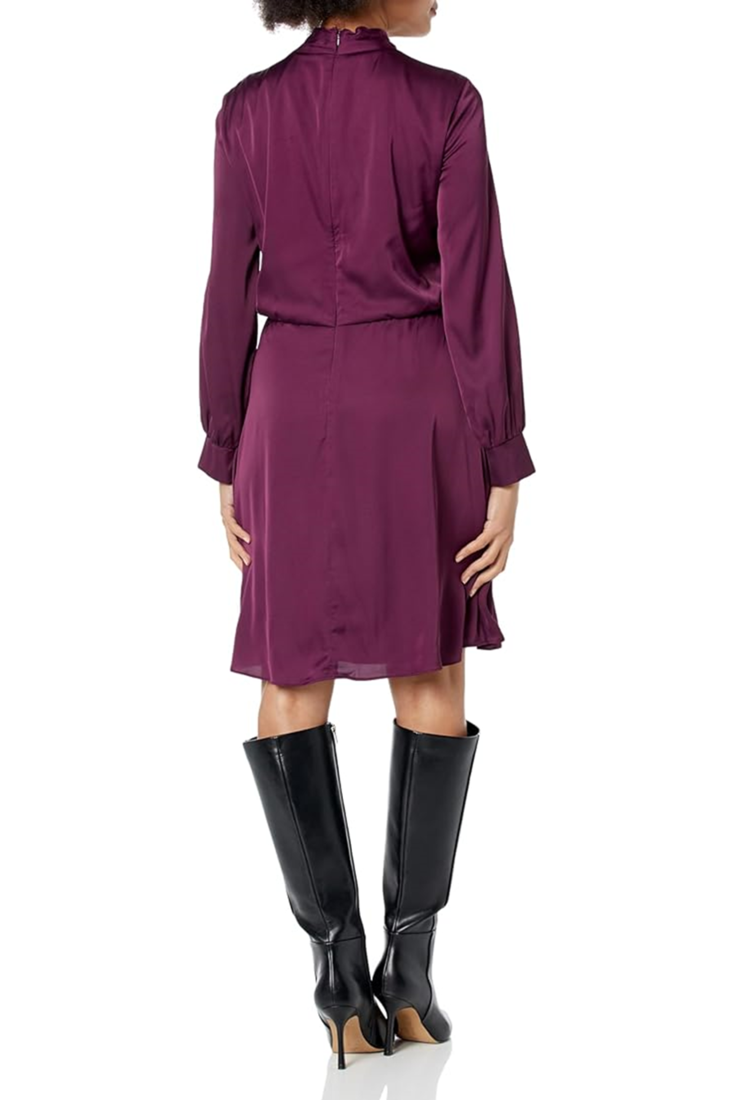 London Times T7100M Purple Long Sleeve Crisscross Neck Dress with A-Line, Pleated Detail