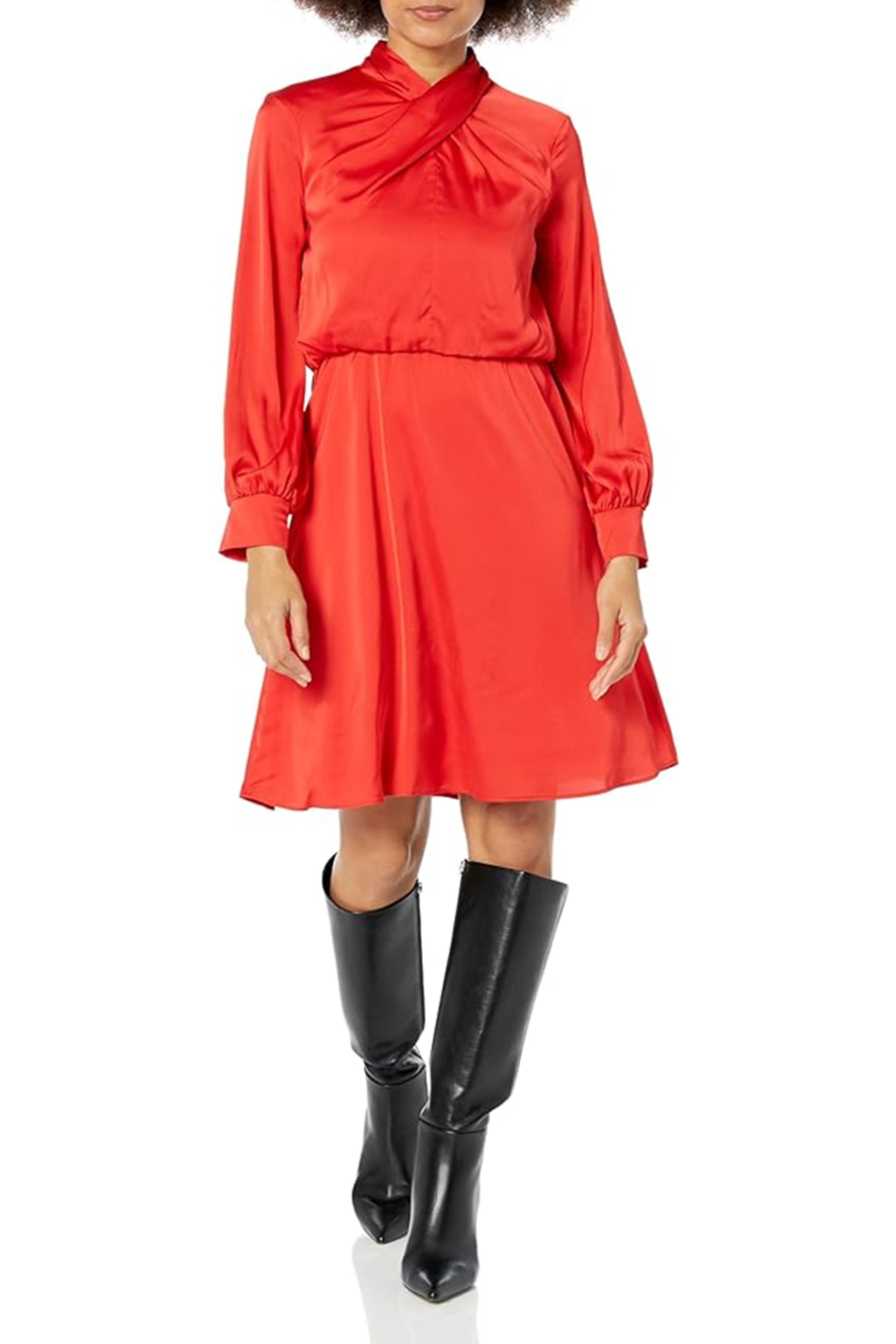 London Times T7100M Red Long Sleeve Crisscross Neck Dress with A-Line, Pleated Detail