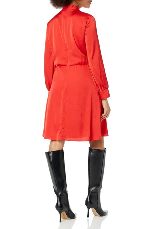 London Times T7100M Red Long Sleeve Crisscross Neck Dress with A-Line, Pleated Detail