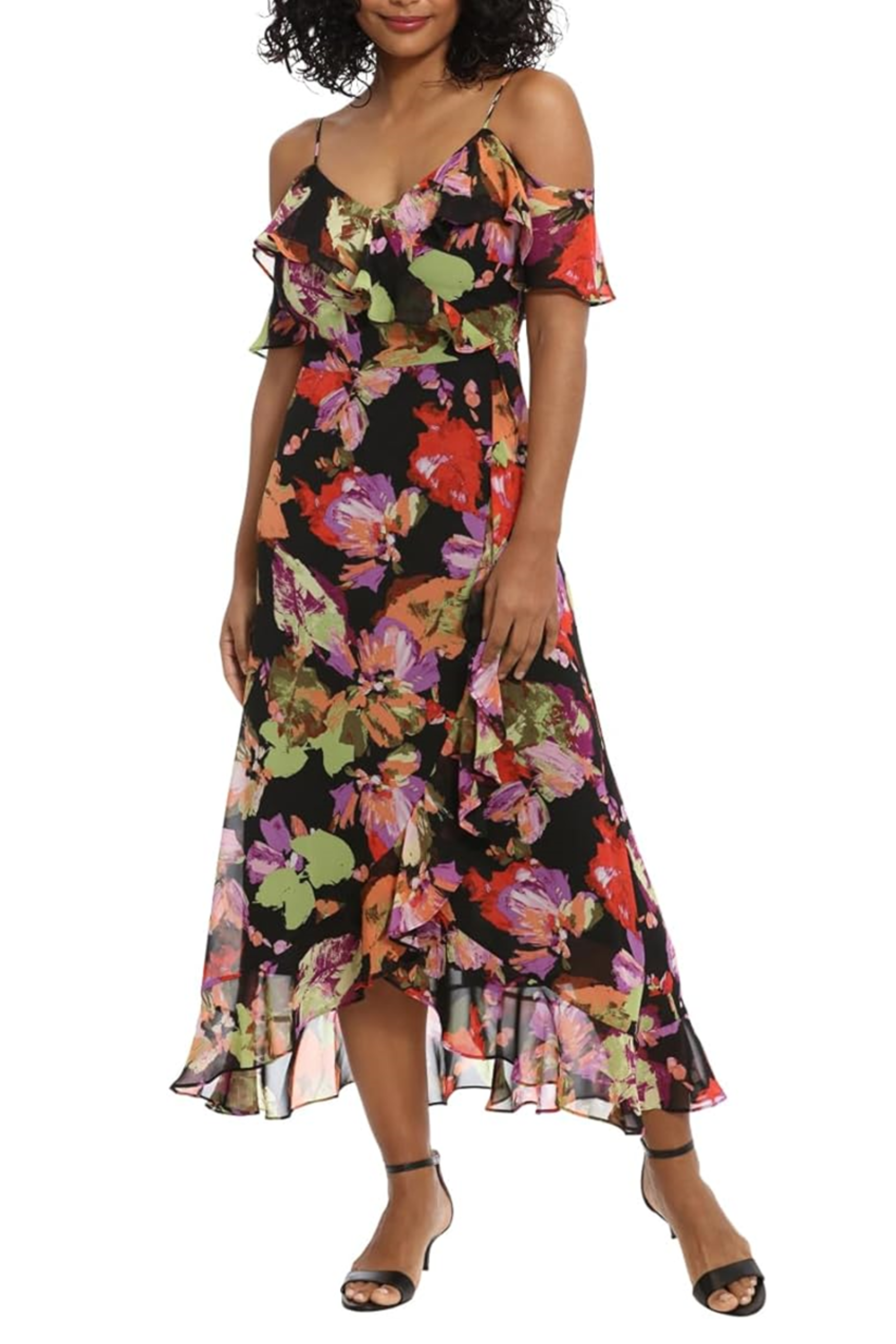 London Times T7148M Black Multi Floral Ruffle Cold Shoulder Dress with V-Neck, Flutter Sleeve, Chiffon