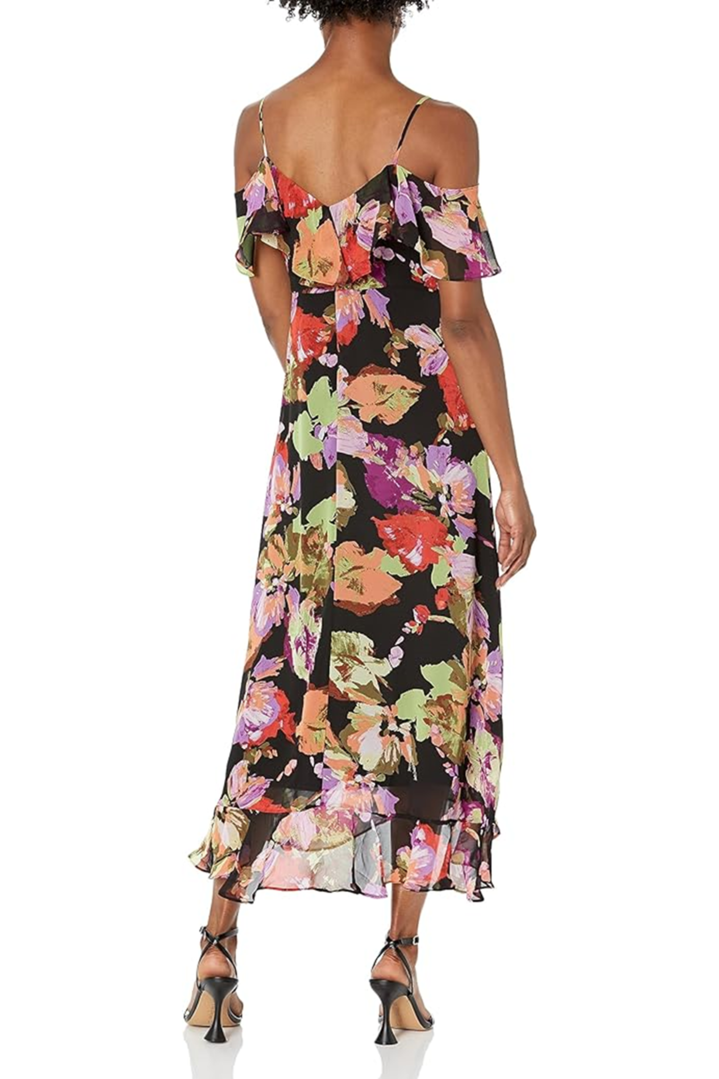 London Times T7148M Black Multi Floral Ruffle Cold Shoulder Dress with V-Neck, Flutter Sleeve, Chiffon