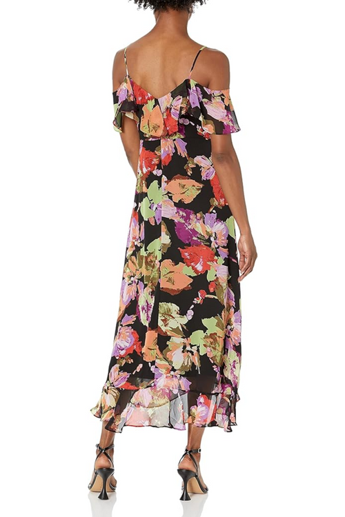 London Times T7148M Black Multi Floral Ruffle Cold Shoulder Dress with V-Neck, Flutter Sleeve, Chiffon