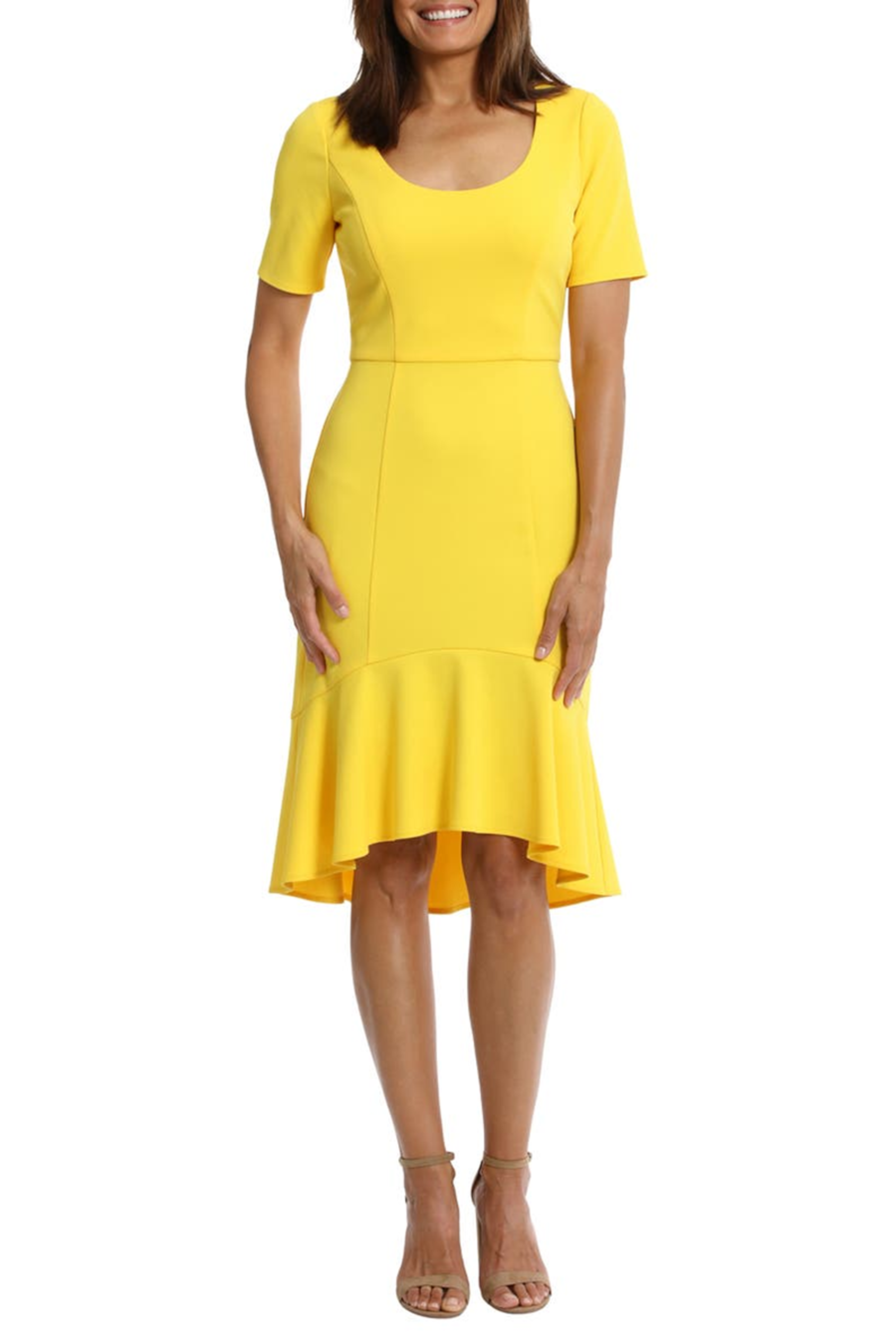 London Times T7156M Yellow Flounce Hem Short Sleeve Sheath Dress with Scoop Neck, Scuba Crepe