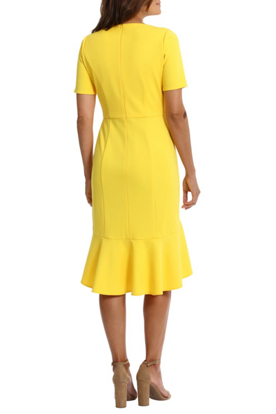 London Times T7156M Yellow Flounce Hem Short Sleeve Sheath Dress with Scoop Neck, Scuba Crepe