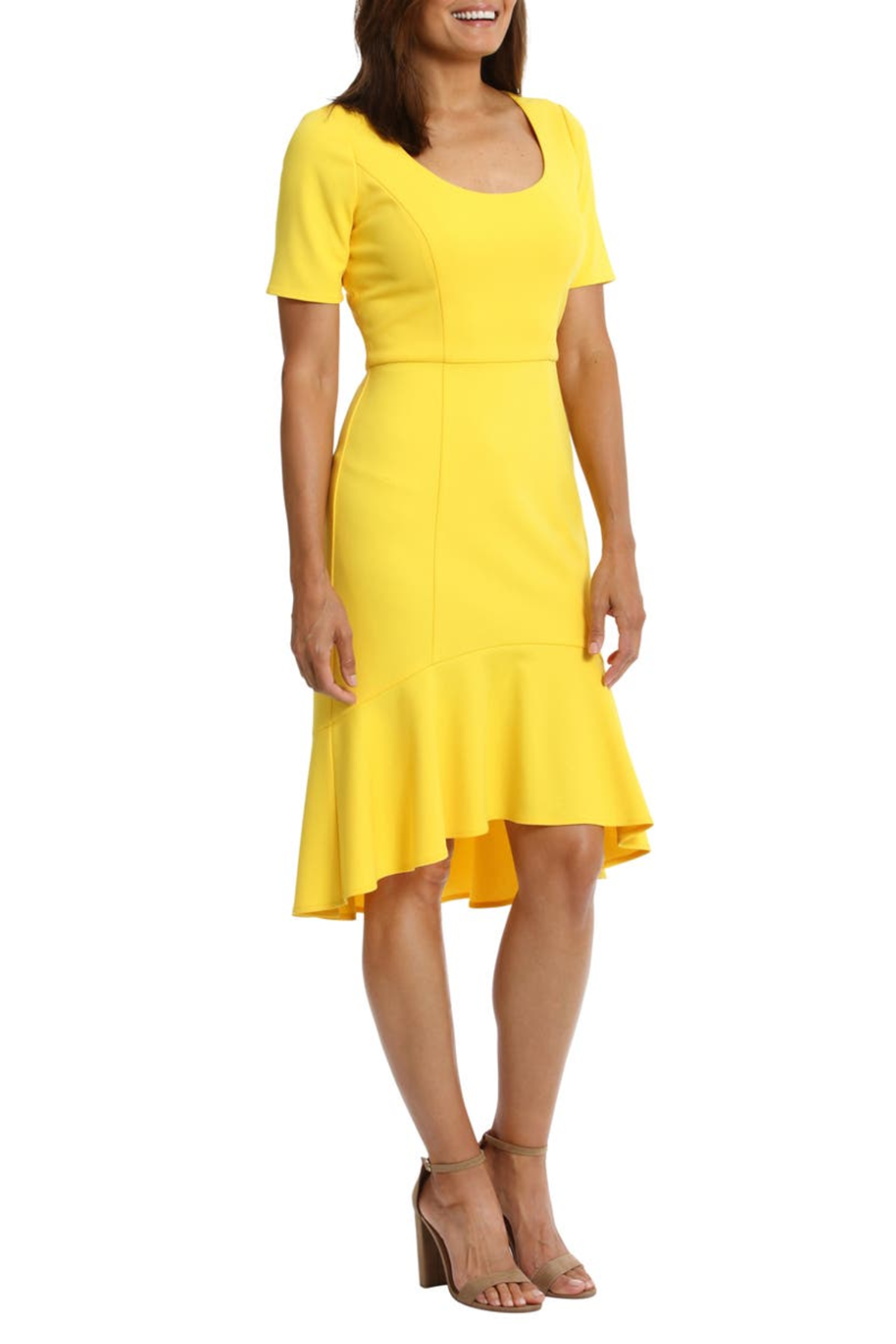 London Times T7156M Yellow Flounce Hem Short Sleeve Sheath Dress with Scoop Neck, Scuba Crepe