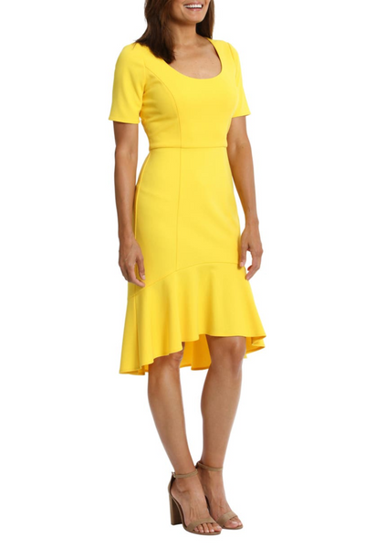 London Times T7156M Yellow Flounce Hem Short Sleeve Sheath Dress with Scoop Neck, Scuba Crepe