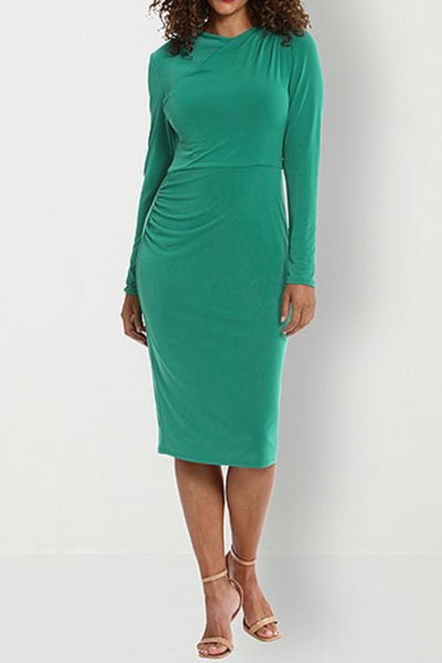 London Times T7158M Long Sleeve Draped-Neck Ruched Dress with High Neck, Jersey, Pleated Detail