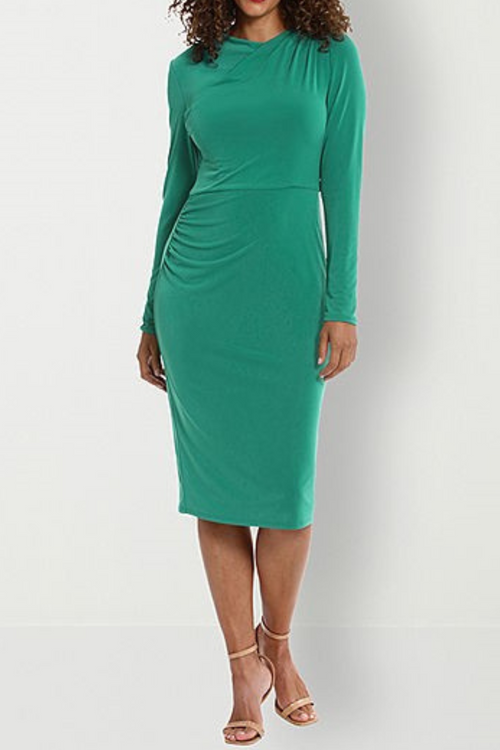 London Times T7158M Long Sleeve Draped-Neck Ruched Dress with High Neck, Jersey, Pleated Detail