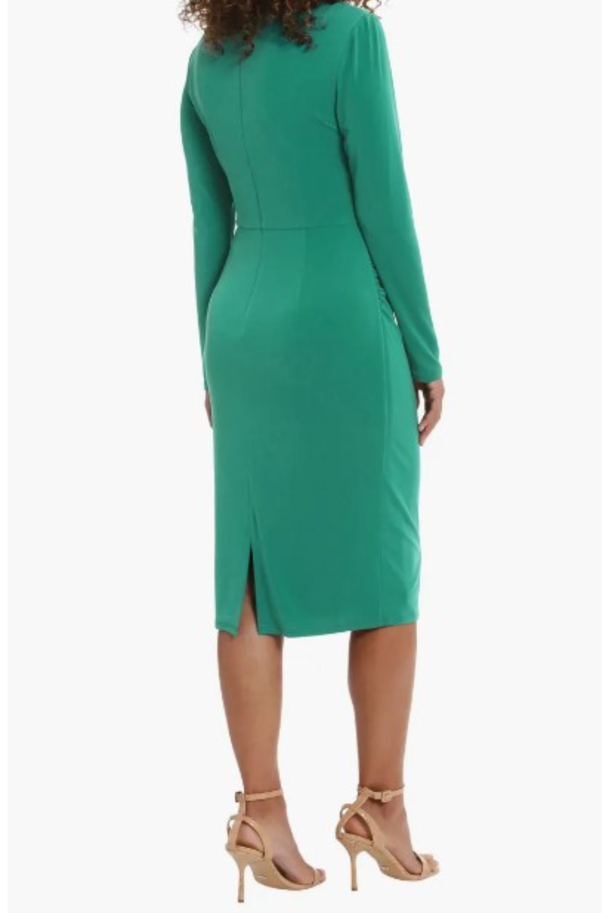 London Times T7158M Long Sleeve Draped-Neck Ruched Dress with High Neck, Jersey, Pleated Detail