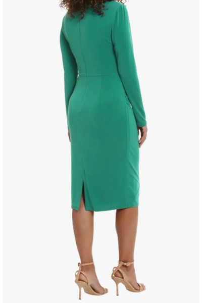 London Times T7158M Long Sleeve Draped-Neck Ruched Dress with High Neck, Jersey, Pleated Detail