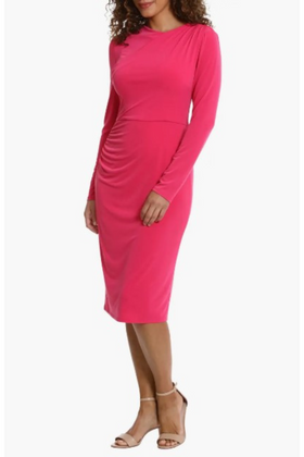 London Times T7158M Long Sleeve Draped-Neck Ruched Dress with High Neck, Jersey, Pleated Detail