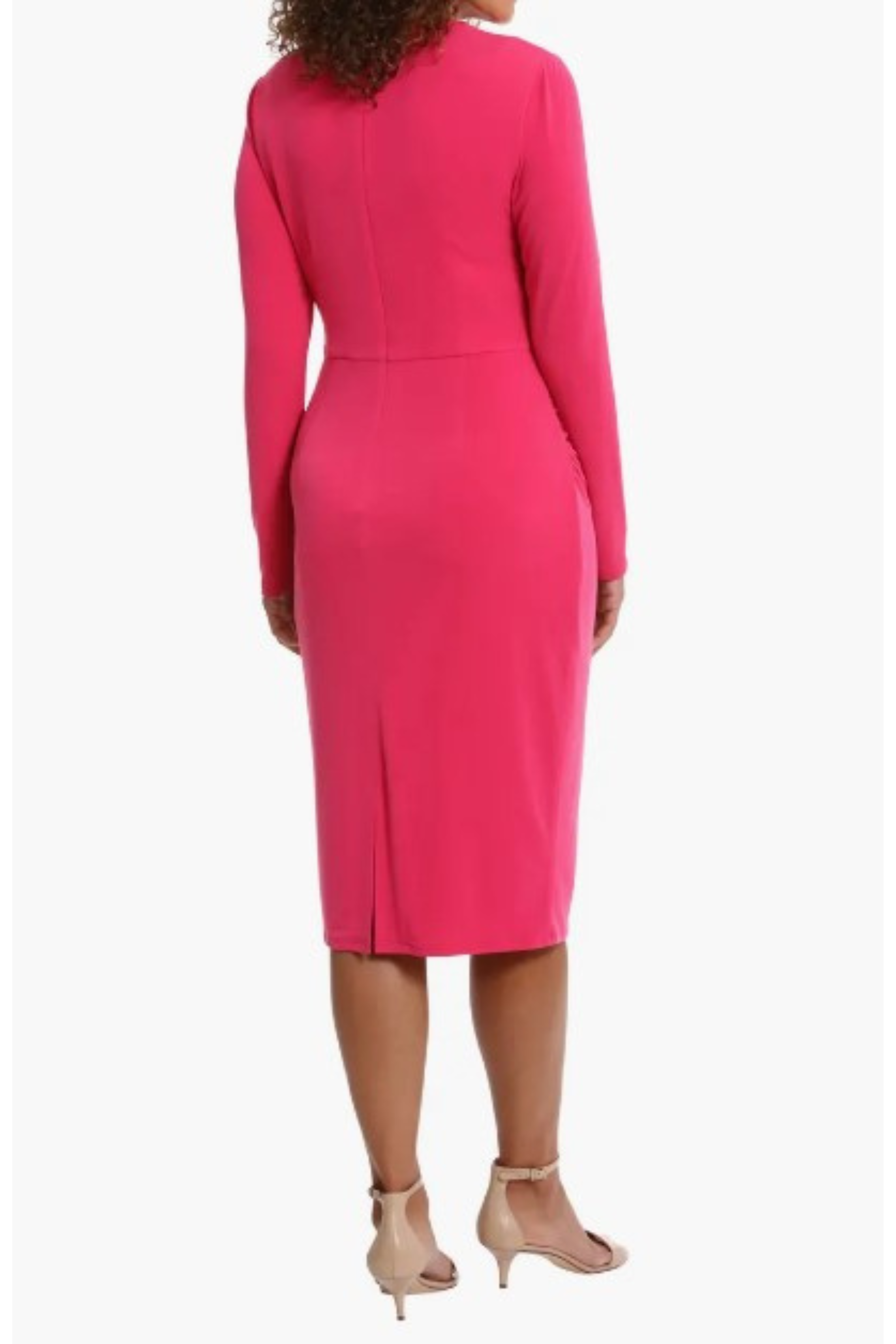 London Times T7158M Long Sleeve Draped-Neck Ruched Dress with High Neck, Jersey, Pleated Detail
